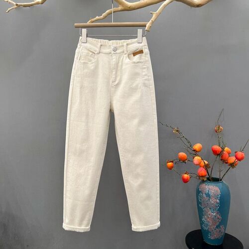Women's new versatile loose-fitting high-waisted ribbed dad jeans in cream white for spring and summer casual wear