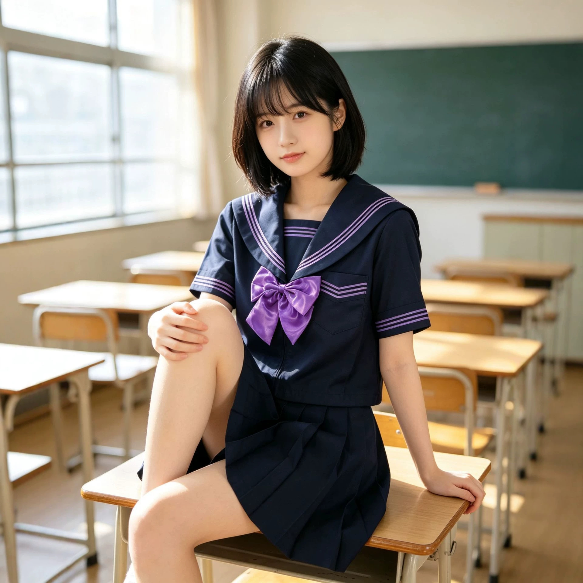 Navy blue sailor suit with purple collar, short-sleeved two-piece set, student class uniform, youthful outfit for photoshoots