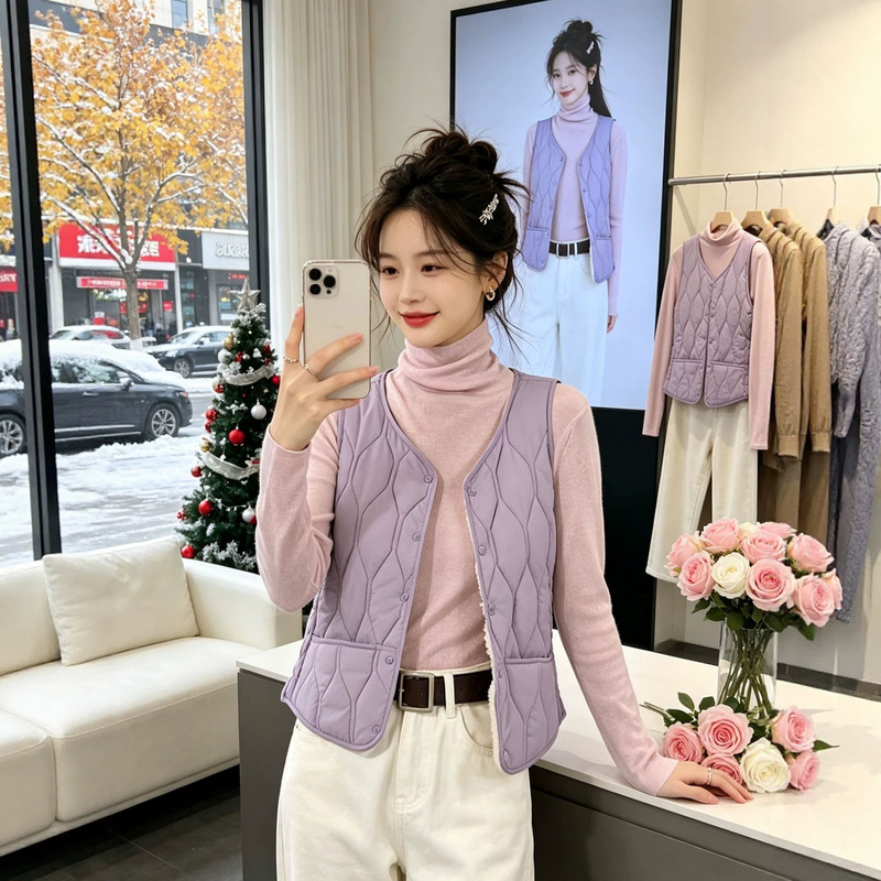Women's Down Cotton Vest for Autumn and Winter, Fleece-Lined and Thickened, V-Neck Short Style, Slim Fit Sleeveless Warm Vest Jacket Women's Down Cotton Vest for Autumn and Winter, Fleece-Lined and Thickened, V-Neck Short Style, Slim Fit Sleeveless Warm Vest Jacket