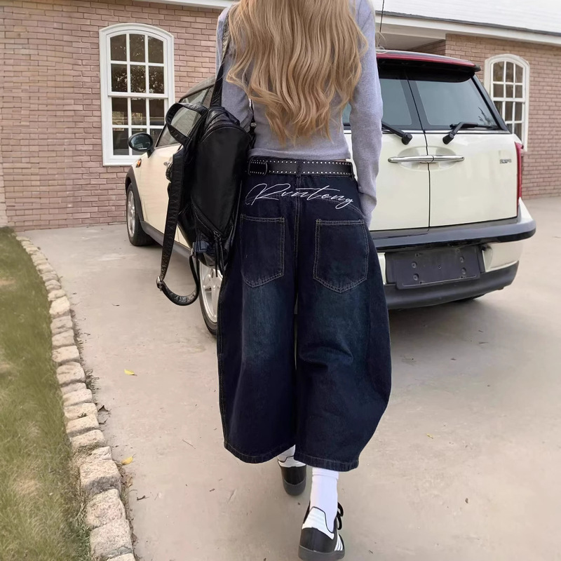 American Style Graffiti High Waist Cropped Wide Leg Jeans Women's Summer Design Ins Trendy Loose Casual Straight Pants
