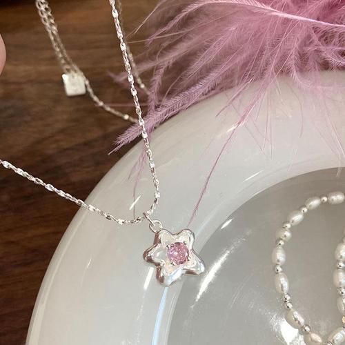 S925 sterling silver pink zirconium star necklace for women  new style light luxury niche design temperament clavicle chain