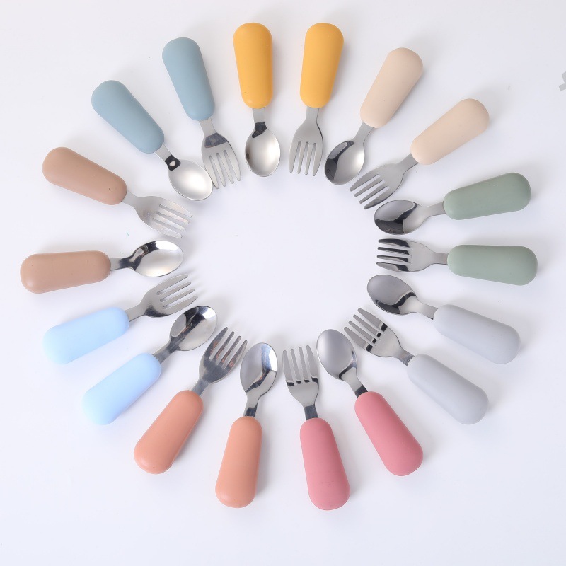 Children's food supplement spoon self-feeding spoon fork baby silicone soft spoon baby learning to eat training stainless steel spoon