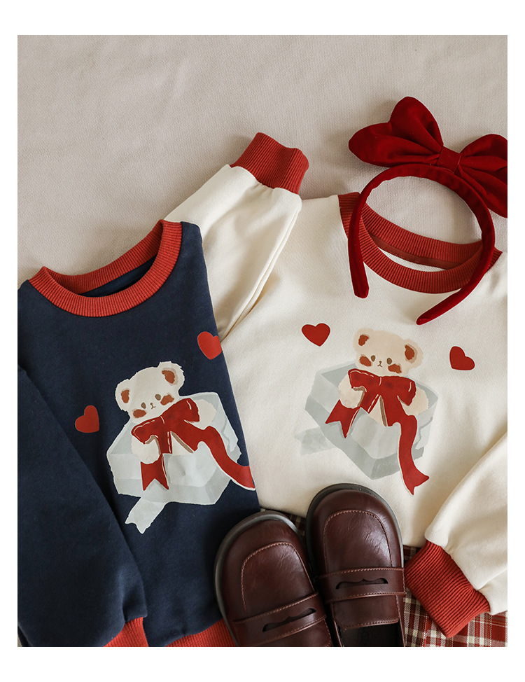 Qiu Duomeng Girls' Cartoon Little Bear Sweater Checkered Set 2024 New Spring and Autumn Children's Top Half Skirt_voghion.com