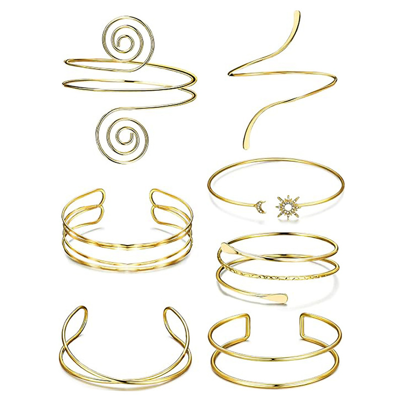 7-Piece Set of European and American Cross-Border Women's Fashion Arm Cuffs, Upper Arm Gold Geometric Spiral Musical Note Open Baroque Bracelets 7-Piece Set of European and American Cross-Border Women's Fashion Arm Cuffs, Upper Arm Gold Geometric Spiral Musical Note Open Baroque Bracelets