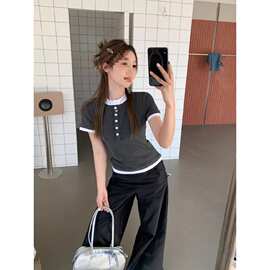 美式辣妹假两件灰色短袖恤女夏季设计感小众修身打底衫短款上衣