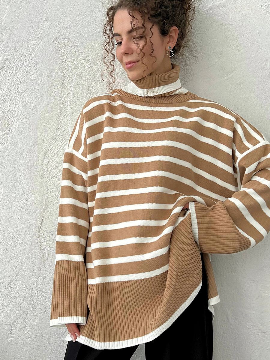 Suéter a rayas de cuello alto transfronterizo para mujer Europa y América 2025 otoño e invierno nuevo suéter de cuello alto suéter suelto de todo fósforo