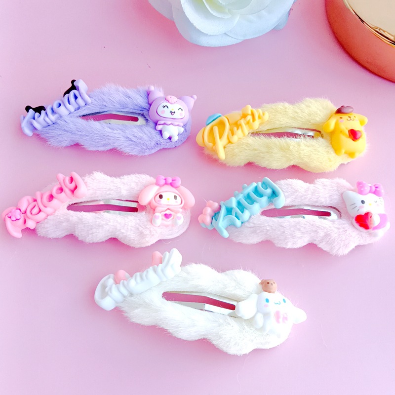 批發毛絨髮夾卡通三麗鷗兔毛邊夾可愛髮飾女生庫洛米服裝配飾頂夾