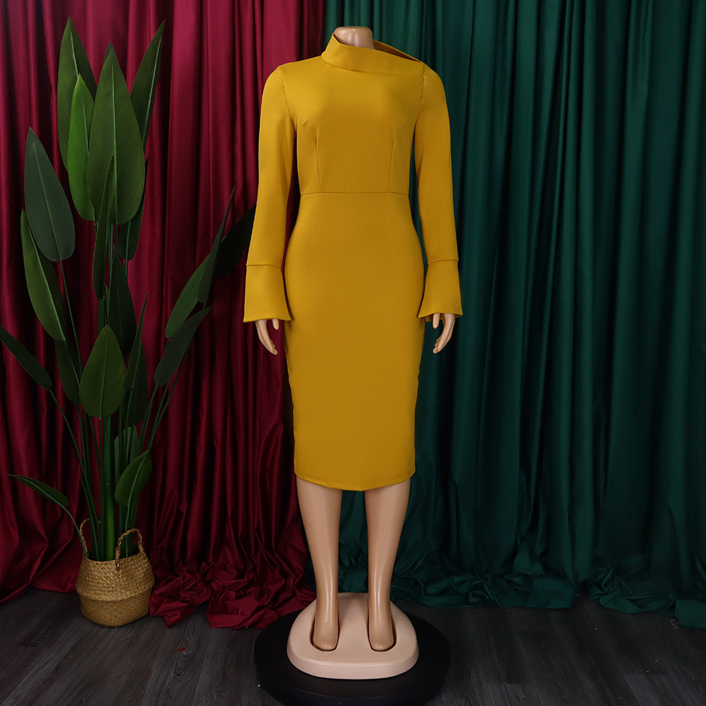 Autumn Winter Long Sleeve Narrow Office Diagonal Collar Solid Color Dress