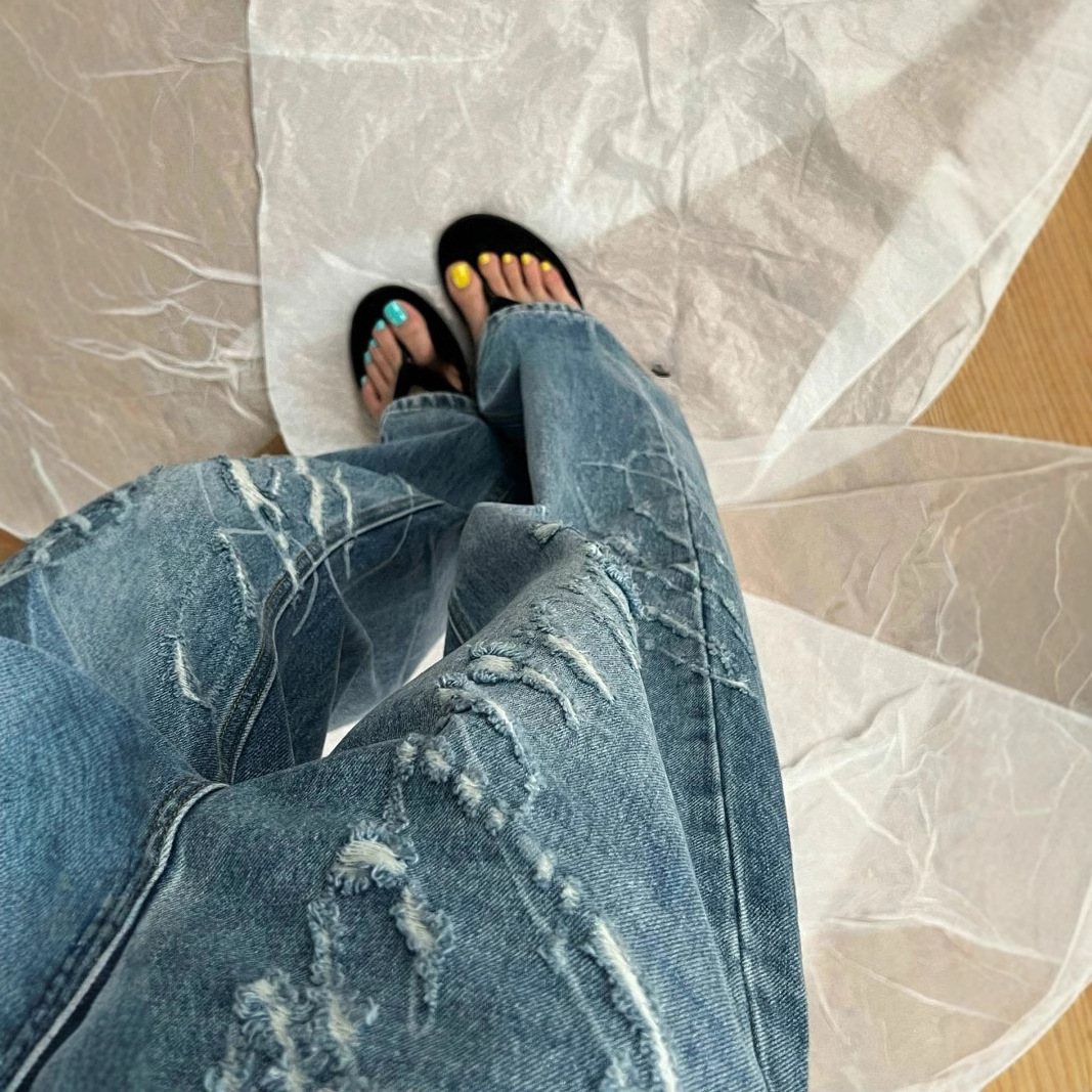Hole without meat 2025ss summer simple fashion letters handmade old craft tattered high waist blue Denim