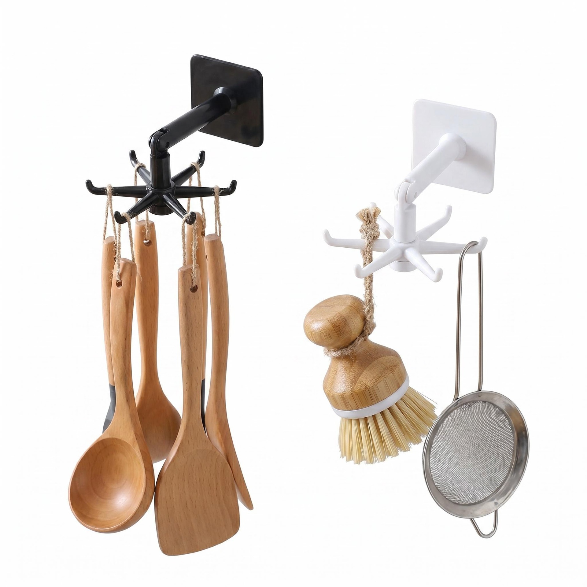 No-Drill Kitchen Cabinet Bottom Storage Rack with 360-Degree Rotating Six-Claw Hook, Multifunctional Kitchen Storage Shelf