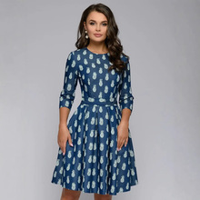 欧美跨境女装俄罗斯爆款圆领中袖新款印花外贸优雅连衣裙系带短裙