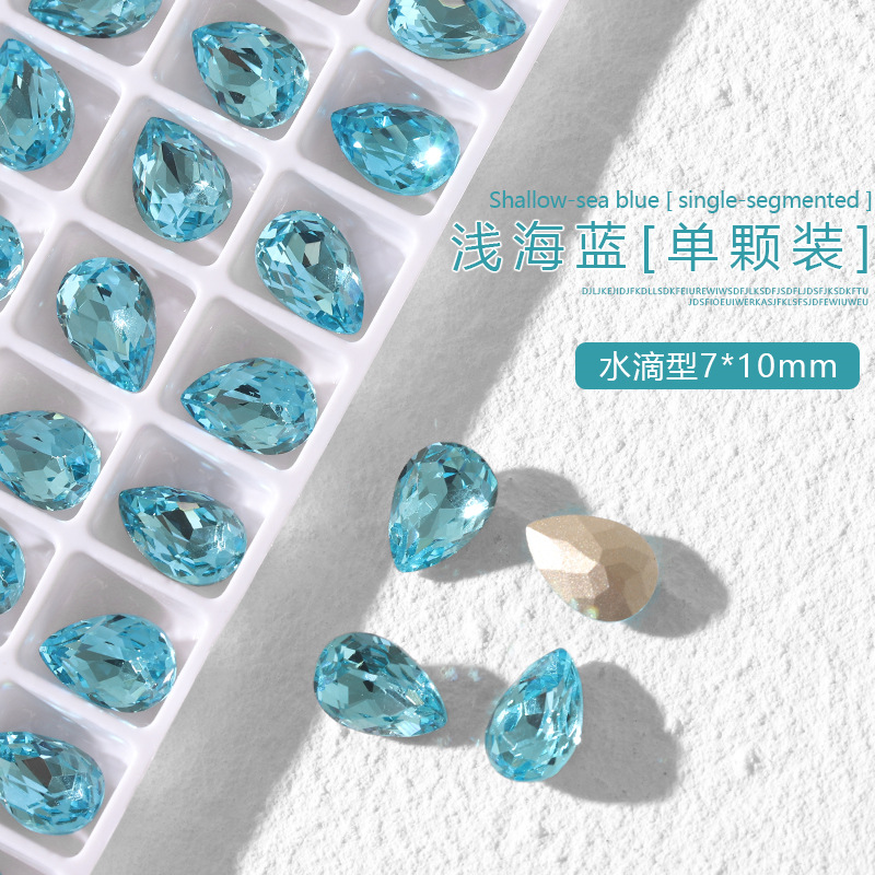 K9 cristal diamante arte de uñas luz mar azul puntiagudo fondo especial en forma de diamante oval torcido melocotón corazón ángulo recto grasa cuadrada joyería de uñas de vidrio