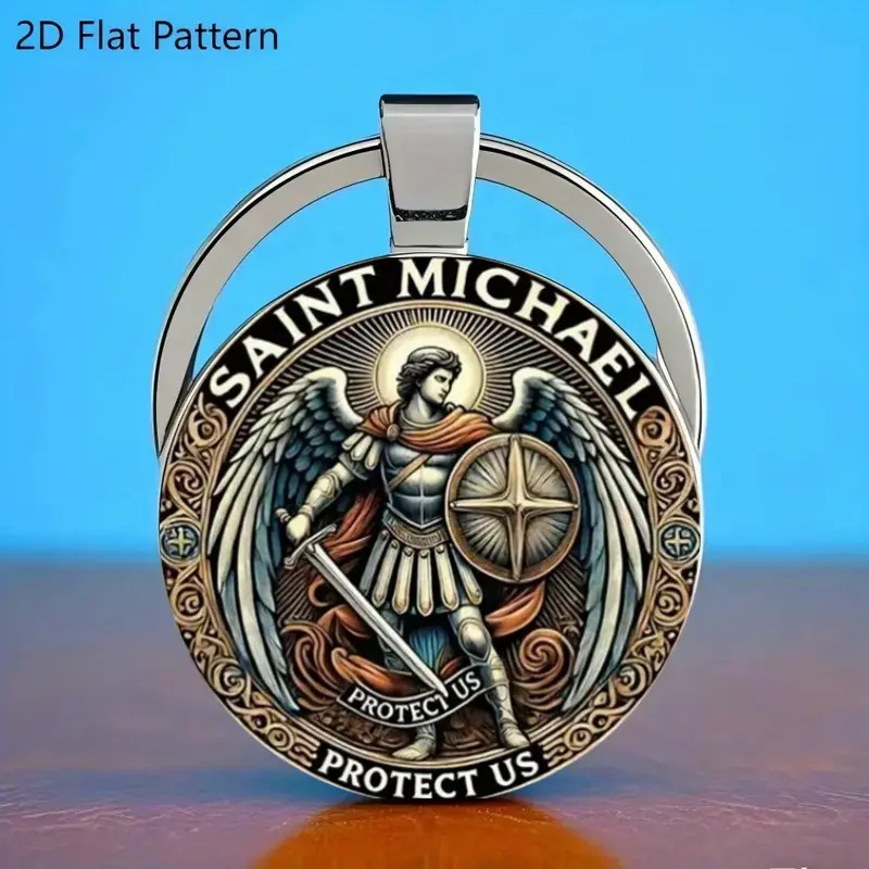 Cross-border fashion Saint Michael Defender glass men's alloy round keychain anniversary gift accessories wholesale