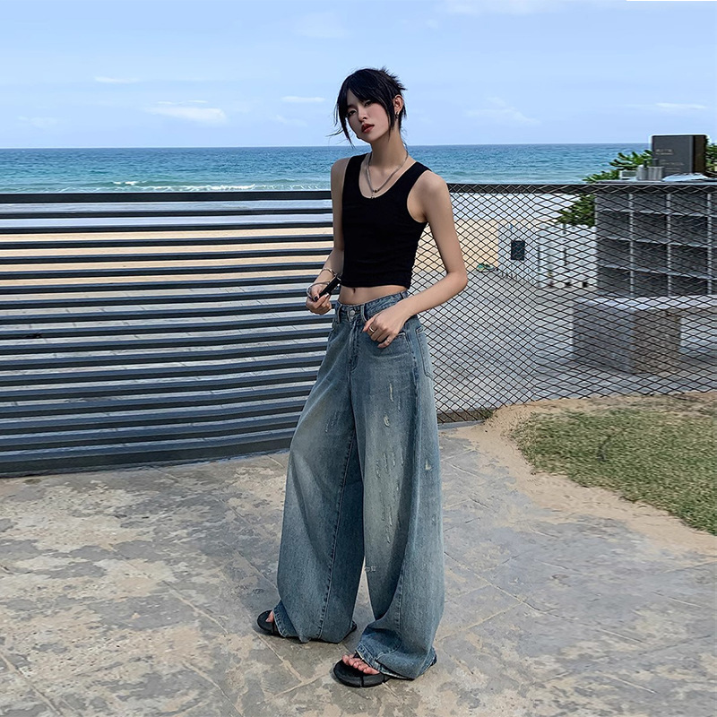 High-Waisted Slimming Design Straight Wide-Leg Pants for Women Spring 2025 American Retro Versatile Washed Distressed Jeans High-Waisted Slimming Design Straight Wide-Leg Pants for Women Spring 2025 American Retro Versatile Washed Distressed Jeans