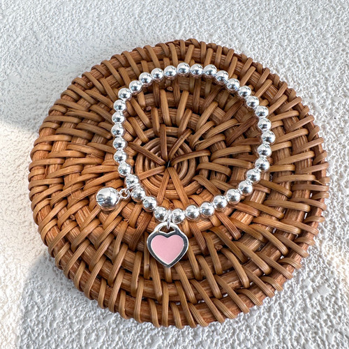 Children's Pure Silver Bracelet s925 New Heart Pendant Girls' Silver Bracelet Baby Girls' Birthday Gift Round Bead Necklace
