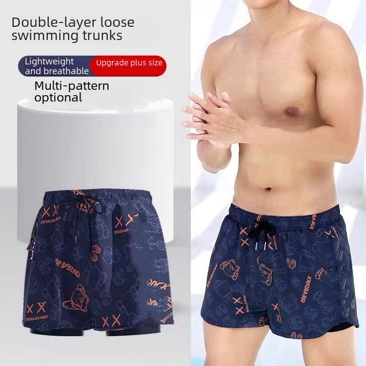 Anti-Eskape Double Layer Swim Trunks New Print Adult Men's Swim Trunks Comfort Flat-Pant Swim Trunks for Large Men