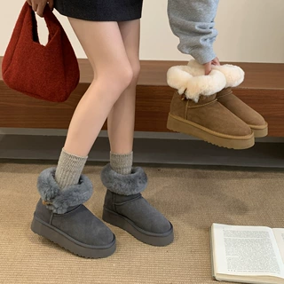 厚底雪地靴女2025新款冬季皮毛一体加绒加厚短筒牛角扣保暖棉鞋潮