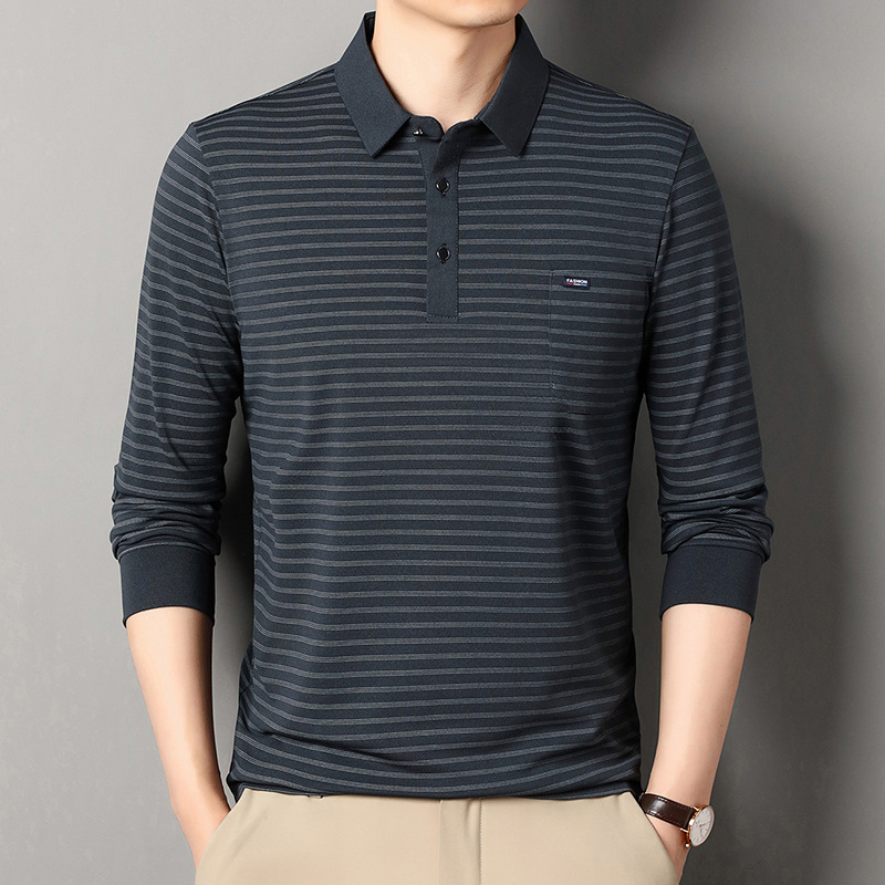 Autumn men's long-sleeve polo shirt with real pockets, casual and versatile striped T-shirt for middle-aged dads