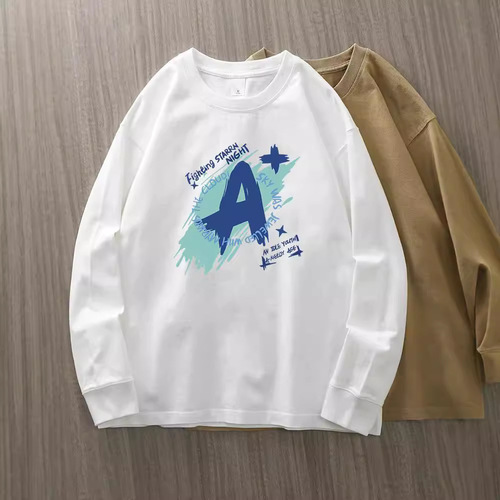 White Heavyweight Men's Long-Sleeve T-Shirt 100% Cotton 230g Ribbed Crew Neck Men's Fashion Han Style Loose Base T-Shirt for Wholesale