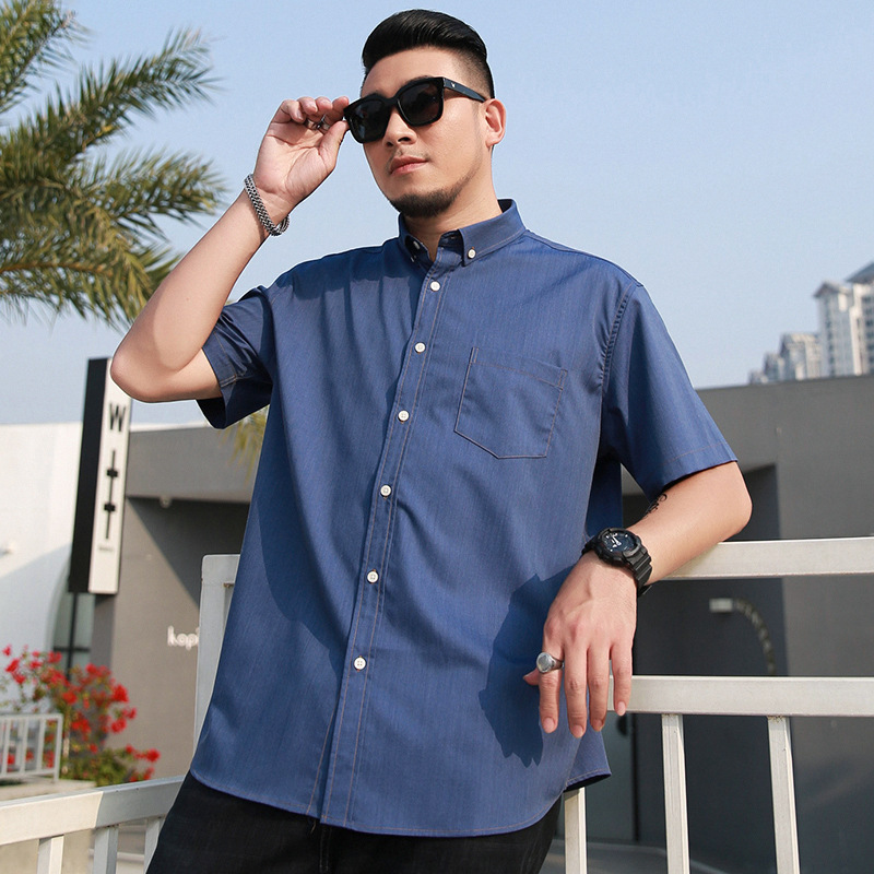 plus size Short-sleeved Shirt Men's Summer New Imitation Denim Business Casual Shirt Chubby Brother's Large Plus Fat Loose Micro-elastic plus size Short-sleeved Shirt Men's Summer New Imitation Denim Business Casual Shirt Chubby Brother's Large Plus Fat Loose Micro-elastic