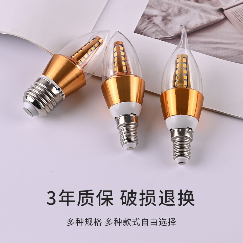 Luz de vela LED, base de tornillo E14 dorada, bombilla puntiaguda de bajo consumo E27, fuente de luz de repuesto para candelabro doméstico ultrabrillante, bombilla tipo vela.
