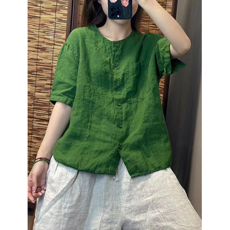 Linen High-End Shirts New Summer Cotton and Linen Short-Sleeved Large Size Loose Half-Sleeved Tops for Middle-Aged Mothers