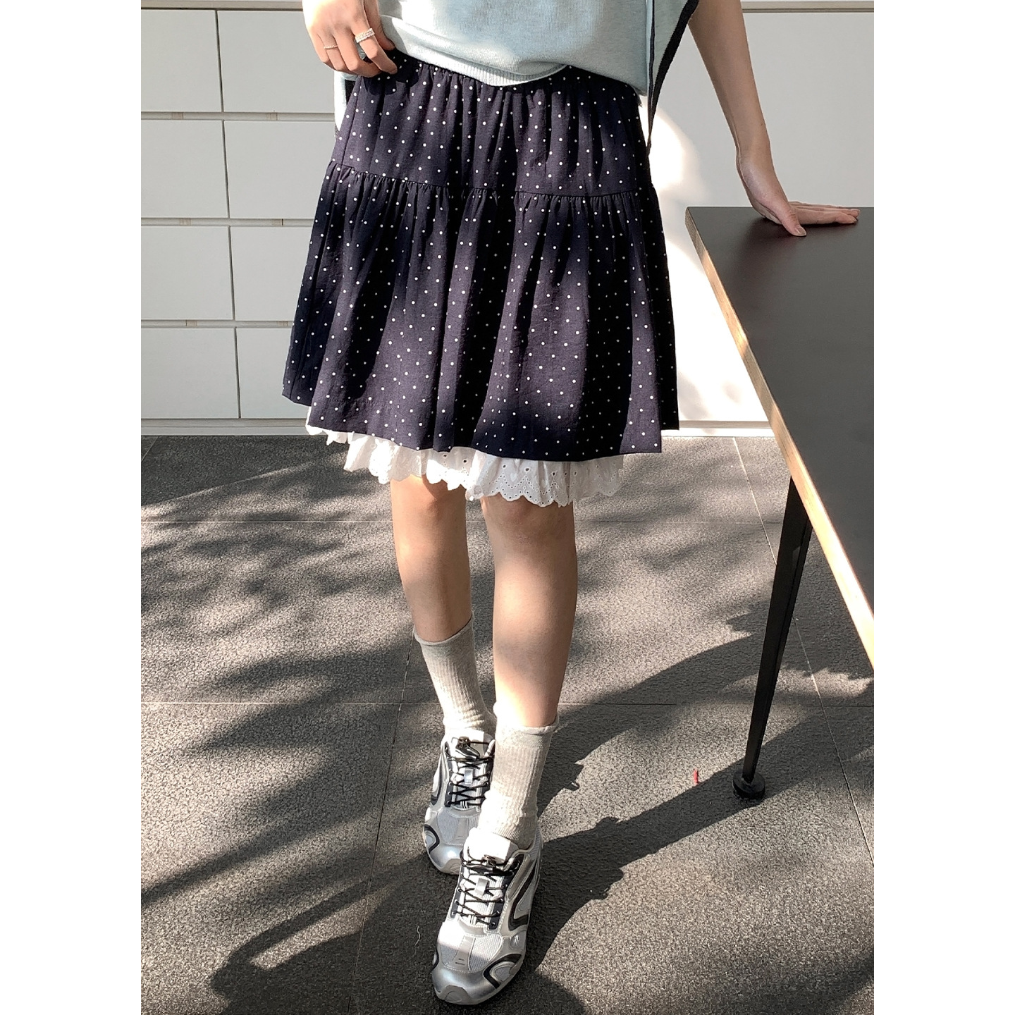 Yier Shirt Girly Polka Dot Lace High Waist Skirt Women's Cake Skirt A-Line Midi Skirt 0324