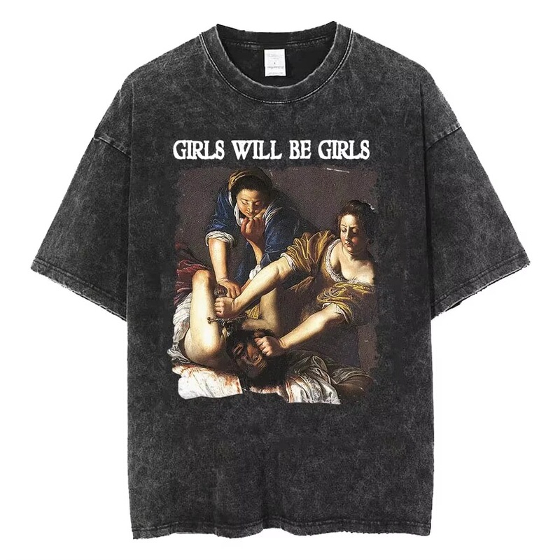Washed Vintage T-Shirt with a Humorous Feminist Slogan: "Women Are Born to Serve Men" in Roman Style from the 90S