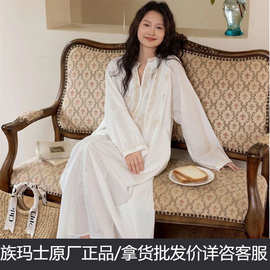 族玛士睡裙法式复古新款纯棉刺绣宫延风长裙可外穿大码家居服175