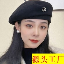 贝雷帽CG配件2024女秋冬新款毛呢小熊帽大头围显脸小可爱学院0222