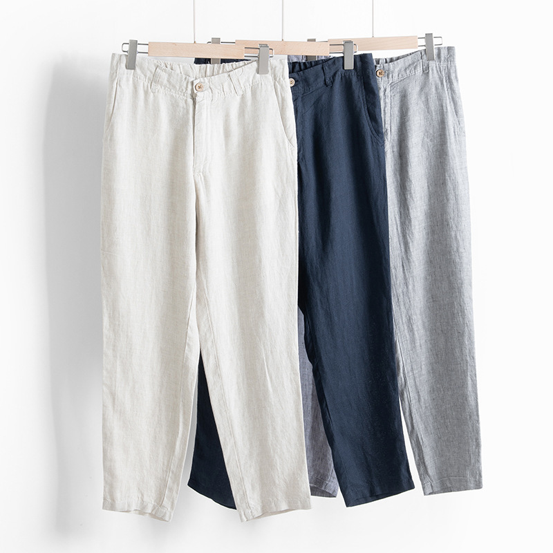 Italian Old Money Style 100% Natural Linen Trousers, Straight-Leg, Breathable, Elastic Waist, Casual Pants for Men, Spring/Summer Thin Style