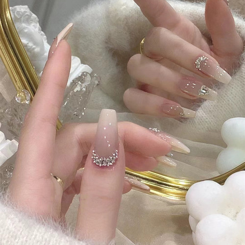 Pure Desire Nude Fairy Diamonds Reveal Whitening Removable Wearable Nails Long False Nails Finished Nail Art Stickers Nail Stickers