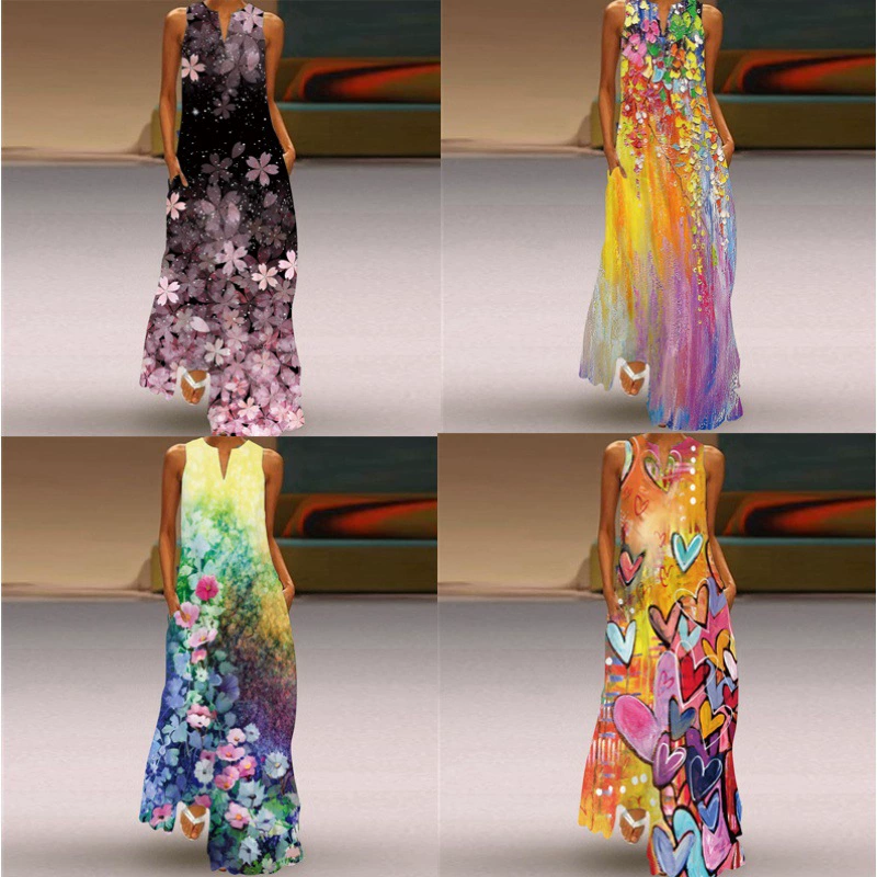 2022 Новое Европейское и американское трансграничное независимое женское длинное платье без рукавов с V-образным вырезом, винтажное платье с цветочным принтом