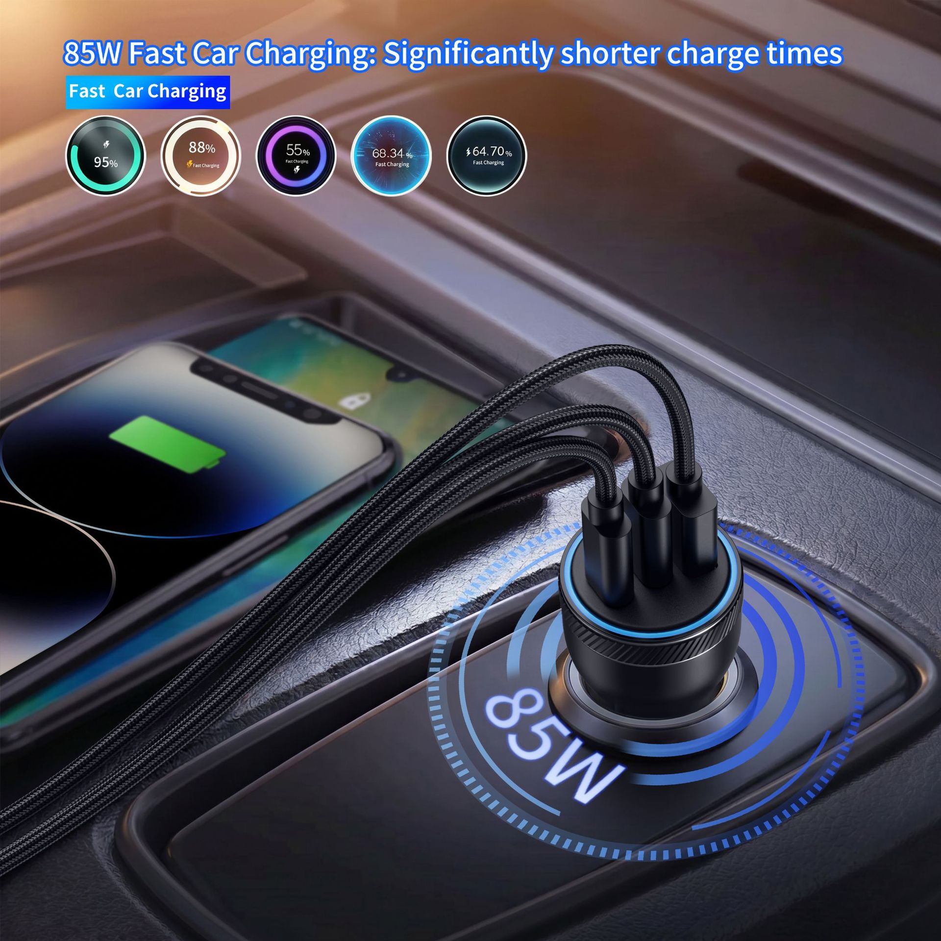 85W Aluminum Alloy Car Charger USB+Dual PD Multi-port Smart Cigarette Lighter One-to-Three Mobile Phone Fast Charging Car Charger