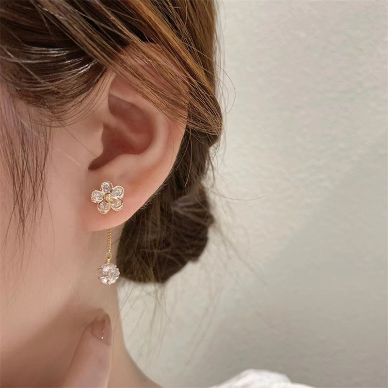韩国东大门S925银针微镶锆石花朵耳环可拆两戴链条水晶球水晶花朵