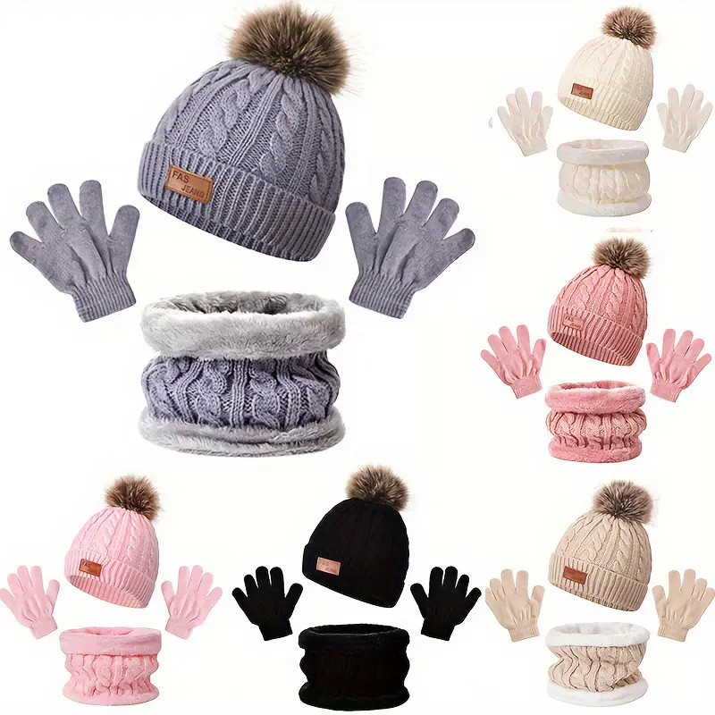 跨境欧美儿童帽子围巾手套三件套秋冬新款单球双球彩色球宝宝帽子