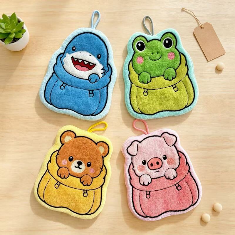 Cute Pocket Animal Hand Towel Coral Fleece Hanging Hand Towel Household Kitchen Handkerchief Sanitary Thickened Cartoon