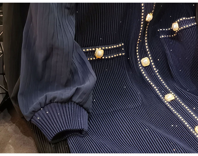 Váy maxi nữ cổ chữ V tay lồng lưới sequin xếp ly thắt eo — Màu đen, Màu xanh đậm chi tiết 18