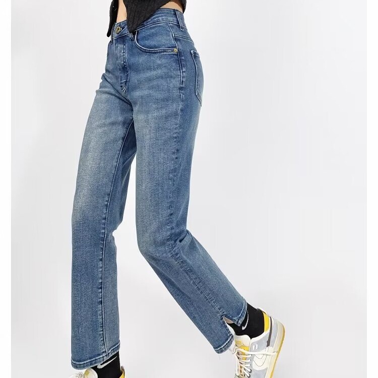 High waist light blue small French pants cropped jeans women's spring hem split design straight pipe pants