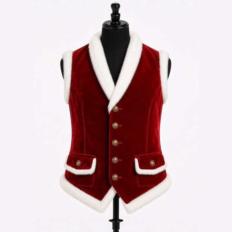 Red velvet Christmas women's vest with fur collar, sleeveless, festive vintage style