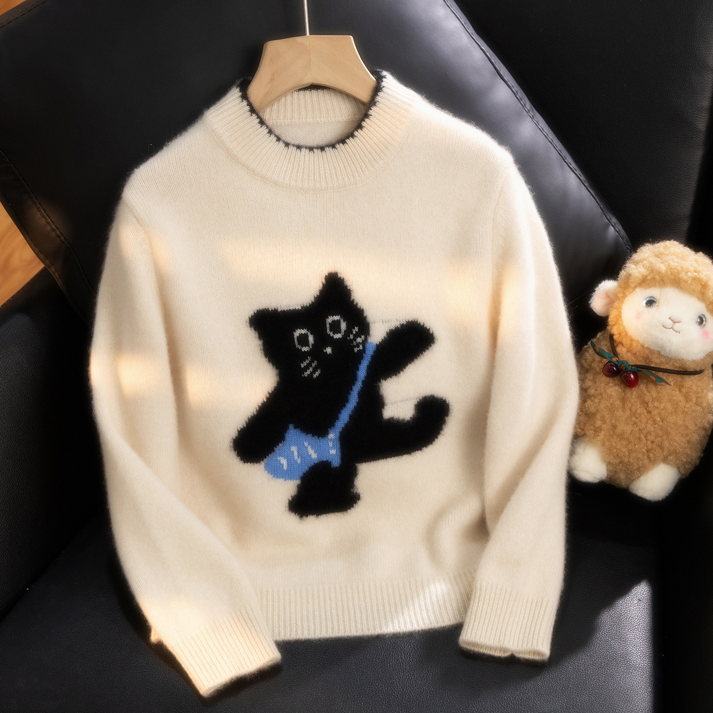 卡通减龄小猫套头羊绒毛衣男女童秋冬新款宽松圆领针织衫休闲上衣