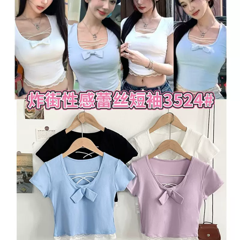 人棉260克夏季蓝色蝴蝶结清纯短袖T恤高级感女装甜美韩系蕾丝上衣