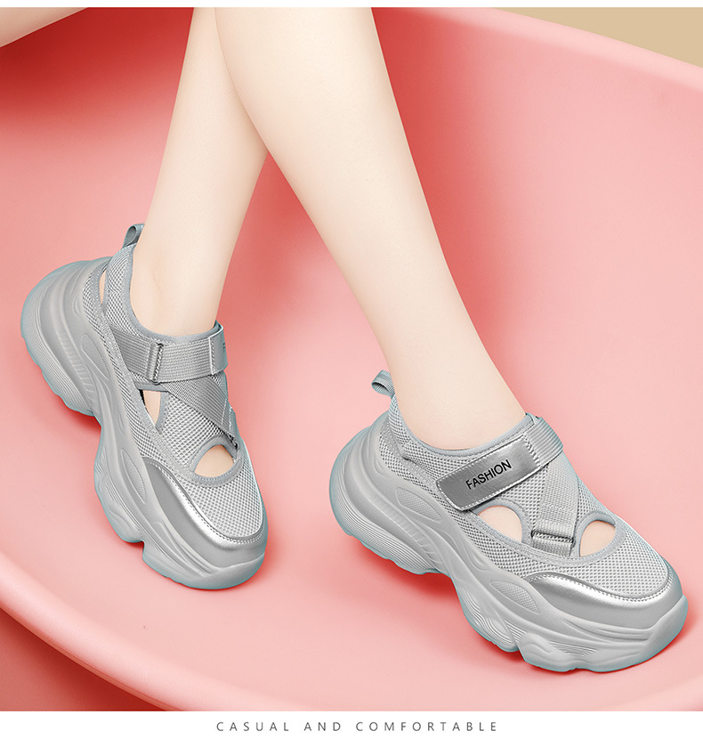 Giày sneaker chunky đế dày thoáng khí mùa hè, dây Velcro tiện lợi — 2006 màu đen, 2006 màu bạc chi tiết 12