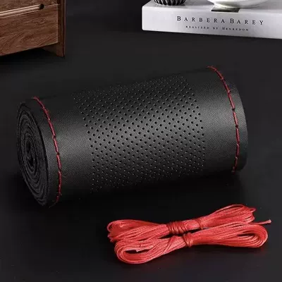 Hand-Stitched Steering Wheel Cover, Breathable, Non-Slip, Steering wheel cover - eco-calfskin-leather-perforated-with-red-stitching-38