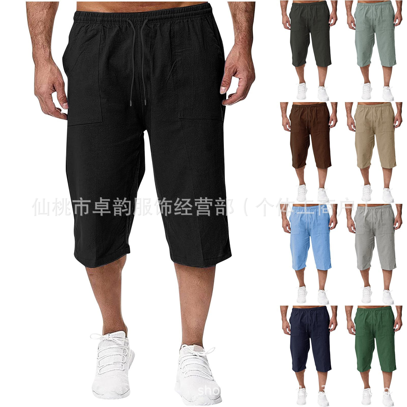 Cross-Border New Men's Cotton and Linen Casual Drawstring Pocket Cropped Pants