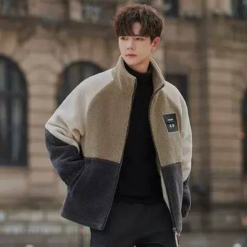 58208 Contrast Color Anti Lamb Wool Coat for Men's Winter Youth and Students New Particle Velvet Cotton Coat with Thickened Clothes - ShopShipShake