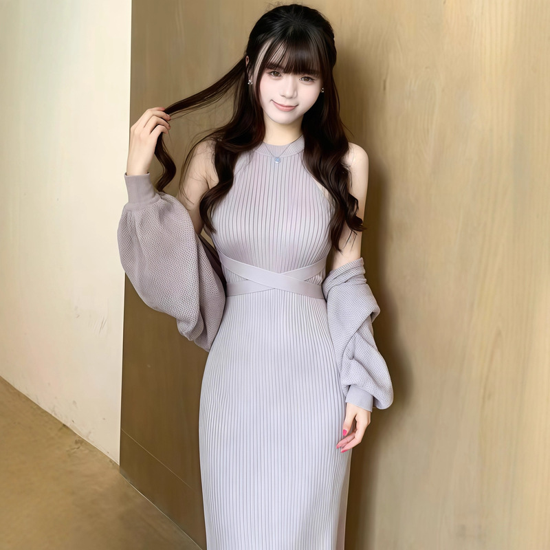 2025 Autumn and Winter Korean Style Gentle Style Pure Lust Elegant Slim Knitted Lantern Sleeve Design Blouse Dress Two-Piece Set
