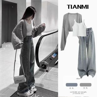 A Complete Set of Summer Gentle Outfits for Women, 2025 New Korean Style Suspender Knitted Cardigan and Jeans Three-Piece Set