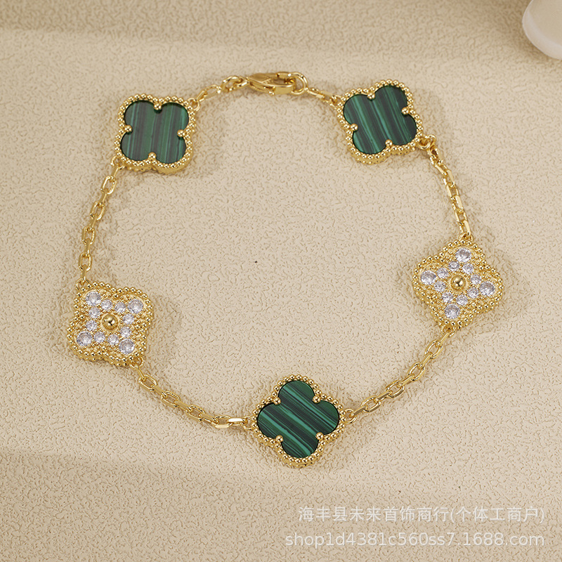 18K玫瑰金梵家v金四叶草五花手链女天然白贝母红玉髓镭射厂家批发|undefined