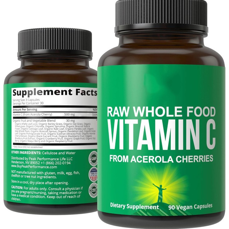 Natural Acerola Cherry Vitamin C Organic Fruit and Vegetable Extract 90 Vegetarian Capsules Whole Food Nutrition